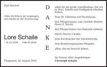 Traueranzeige von Lore Schaile von Haller Tagblatt