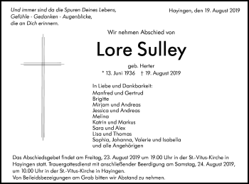 Traueranzeige von Lore Sulley von Alb-Bote/Metzinger-Uracher Volksblatt