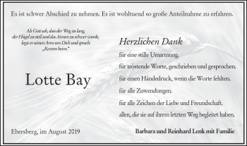 Traueranzeige von Lotte Bay von Rundschau Gaildorf