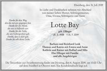 Traueranzeige von Lotte Bay von Rundschau Gaildorf