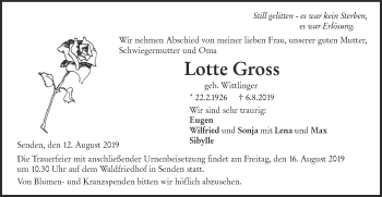 Traueranzeige von Lotte Gross von SÜDWEST PRESSE Ausgabe Ulm/Neu-Ulm