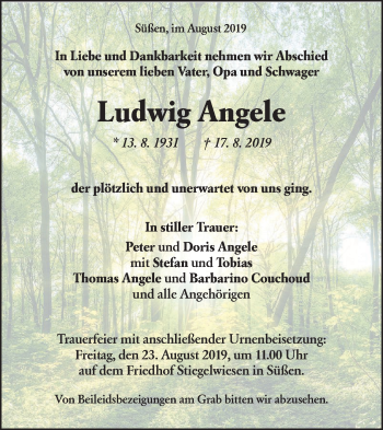 Traueranzeige von Ludwig Angele von NWZ Neue Württembergische Zeitung