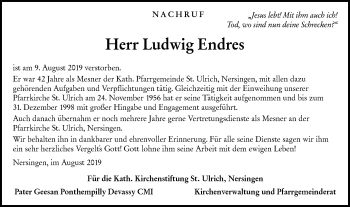 Traueranzeige von Ludwig Endres von SÜDWEST PRESSE Ausgabe Ulm/Neu-Ulm