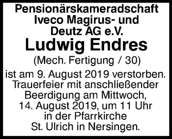 Traueranzeige von Ludwig Endres von SÜDWEST PRESSE Ausgabe Ulm/Neu-Ulm