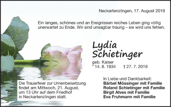 Traueranzeige von Lydia Schietinger von Metzinger-Uracher Volksblatt
