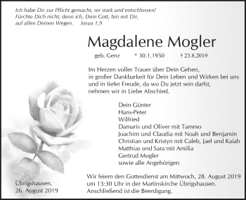 Traueranzeige von Magdalene Mogler von Haller Tagblatt