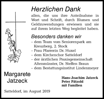 Traueranzeige von Margarete Jatzeck von Hohenloher Tagblatt