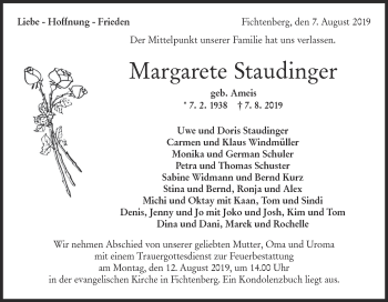 Traueranzeige von Margarete Staudinger von Rundschau Gaildorf