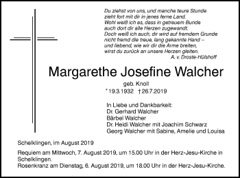 Traueranzeige von Margarethe Josefine Walcher von Ehinger Tagblatt