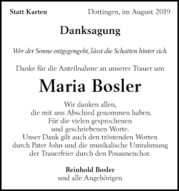 Traueranzeige von Maria Bosler von Alb-Bote/Metzinger-Uracher Volksblatt