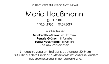 Traueranzeige von Maria Haußmann von SÜDWEST PRESSE Ausgabe Ulm/Neu-Ulm