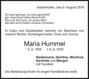 Traueranzeige von Maria Hummel von NWZ Neue Württembergische Zeitung