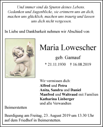 Traueranzeige von Maria Lowescher von SÜDWEST PRESSE Ausgabe Ulm/Neu-Ulm