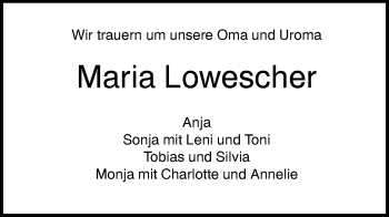 Traueranzeige von Maria Lowescher von SÜDWEST PRESSE Ausgabe Ulm/Neu-Ulm