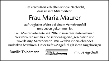 Traueranzeige von Maria Maurer von SÜDWEST PRESSE Ausgabe Ulm/Neu-Ulm