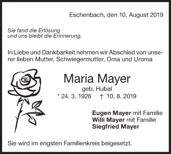 Traueranzeige von Maria Mayer von NWZ Neue Württembergische Zeitung