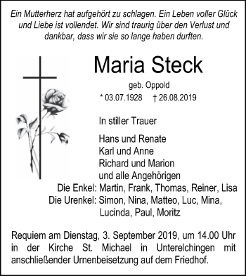 Traueranzeige von Maria Steck von SÜDWEST PRESSE Ausgabe Ulm/Neu-Ulm