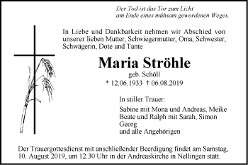 Traueranzeige von Maria Ströhle von SÜDWEST PRESSE Ausgabe Ulm/Neu-Ulm