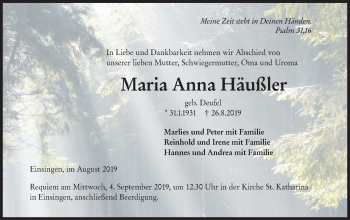 Traueranzeige von Maria Anna Häußler von SÜDWEST PRESSE Ausgabe Ulm/Neu-Ulm