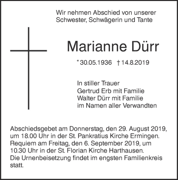 Traueranzeige von Marianne Dürr von SÜDWEST PRESSE Ausgabe Ulm/Neu-Ulm