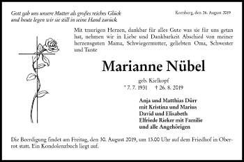 Traueranzeige von Marianne Nübel von Rundschau Gaildorf