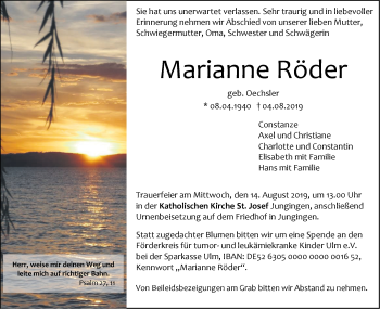 Traueranzeige von Marianne Röder von SÜDWEST PRESSE Ausgabe Ulm/Neu-Ulm