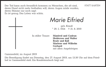 Traueranzeige von Marie Eifried von Hohenloher Tagblatt