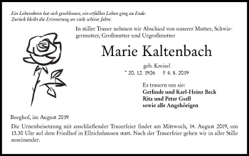 Traueranzeige von Marie Kaltenbach von Hohenloher Tagblatt