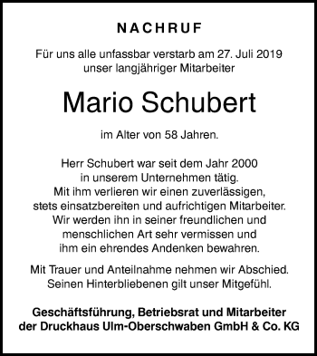 Traueranzeige von Mario Schubert von SÜDWEST PRESSE Ausgabe Ulm/Neu-Ulm