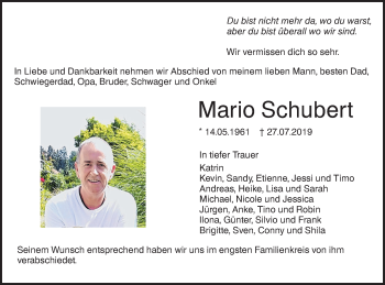 Traueranzeige von Mario Schubert von SÜDWEST PRESSE Ausgabe Ulm/Neu-Ulm