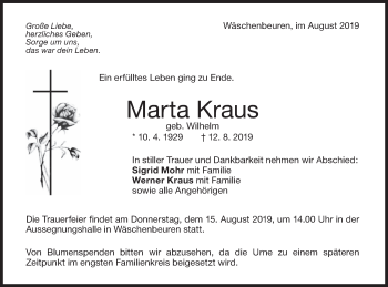 Traueranzeige von Marta Kraus von NWZ Neue Württembergische Zeitung