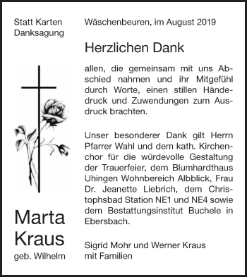 Traueranzeige von Marta Kraus von NWZ Neue Württembergische Zeitung