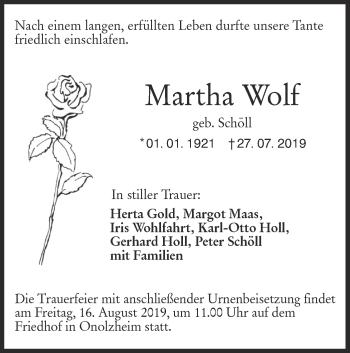 Traueranzeige von Martha Wolf von Hohenloher Tagblatt