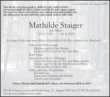 Traueranzeige von Mathilde Staiger von Alb-Bote/Metzinger-Uracher Volksblatt