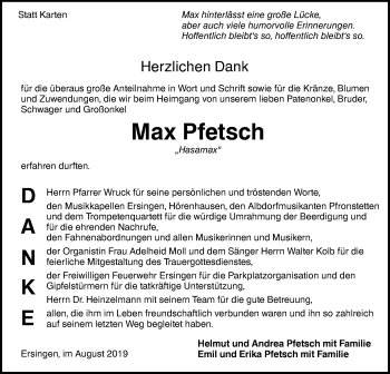 Traueranzeige von Max Pfetsch von Ehinger Tagblatt