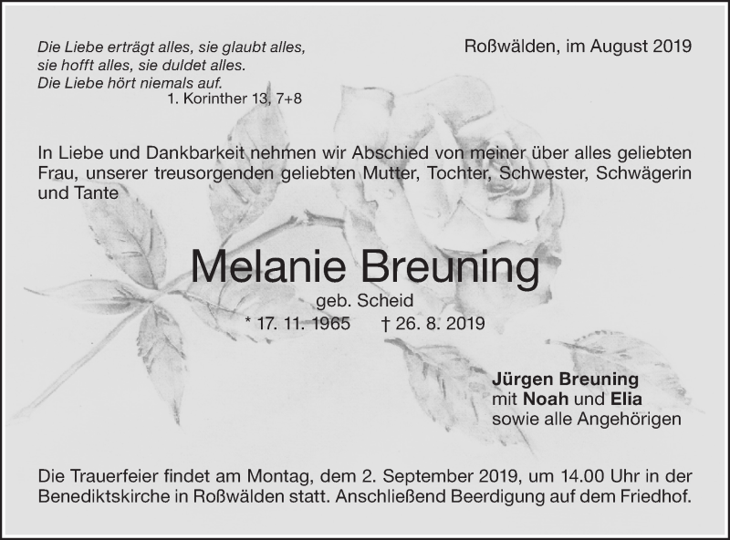  Traueranzeige für Melanie Breuning vom 28.08.2019 aus NWZ Neue Württembergische Zeitung