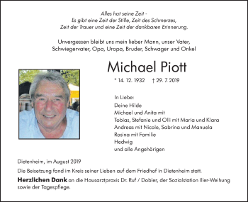 Traueranzeige von Michael Piott von Illertal Bote