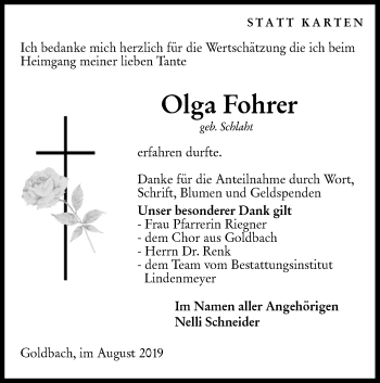 Traueranzeige von Olga Fohrer von Hohenloher Tagblatt