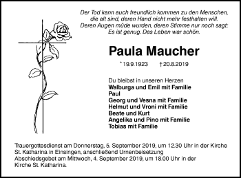 Traueranzeige von Paula Maucher von SÜDWEST PRESSE Ausgabe Ulm/Neu-Ulm