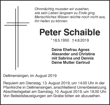 Traueranzeige von Peter Schaible von SÜDWEST PRESSE Ausgabe Ulm/Neu-Ulm