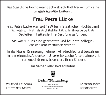 Traueranzeige von Petra Lücke von Haller Tagblatt