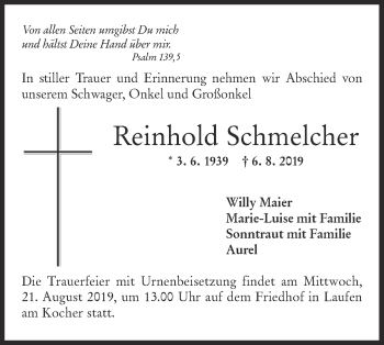 Traueranzeige von Reinhold Schmelcher von Rundschau Gaildorf