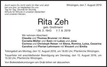 Traueranzeige von Rita Zeh von NWZ Neue Württembergische Zeitung