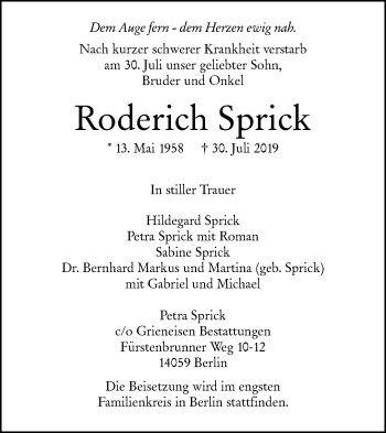 Traueranzeige von Roderich Sprick von Hohenloher Tagblatt