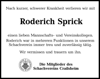 Traueranzeige von Roderich Sprick von Hohenloher Tagblatt