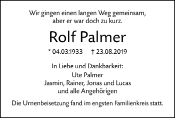 Traueranzeige von Rolf Palmer von SÜDWEST PRESSE Ausgabe Ulm/Neu-Ulm