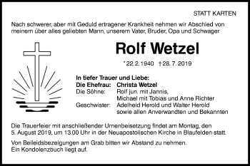 Traueranzeige von Rolf Wetzel von Hohenloher Tagblatt