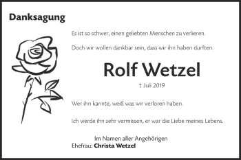 Traueranzeige von Rolf Wetzel von Hohenloher Tagblatt