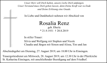 Traueranzeige von Rosalia Renz von SÜDWEST PRESSE Ausgabe Ulm/Neu-Ulm