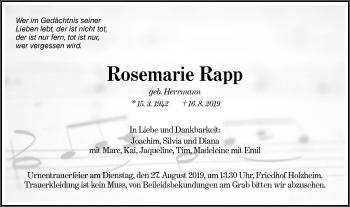 Traueranzeige von Rosemarie Rapp von NWZ Neue Württembergische Zeitung